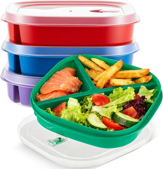 Hushee 4 Pcs Microwave Food Storage Tray Containers with Ventilation Lids 3 Compartment Divided Plates Portion Plate Fits Microwave Fridge(Rectangle,Mixed Colors,10.04 x 6.38 x 2.24 Inch)