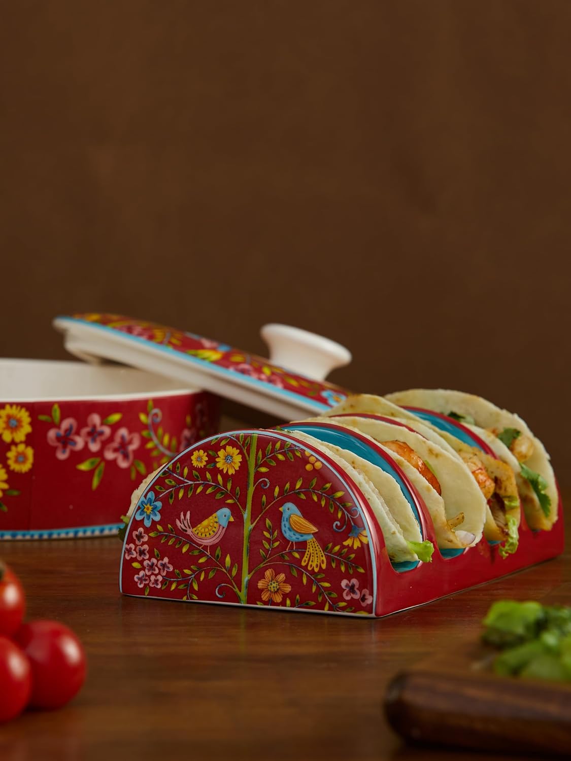 Bico Blue Talavera Ceramic Taco Holder, Taco Stand Rack Tray, Microwave and Dishwasher Safe