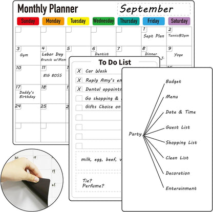 ZazzyKid Magnetic Dry Erase Calendar for Fridge: Pack of 3-14.6” x 11.6” Magnetic Monthly Planner + 7.3” x 11.6” To Do List Pad & Fridge Whiteboard