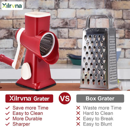 Rotary Cheese Grater with Handle Kitchen Shredder Slicer Grater Slicer Ice Shaver Cheese Vegetable Nuts Potato Zucchini Chocolate 3 Interchangeable Blades (GreyBlue