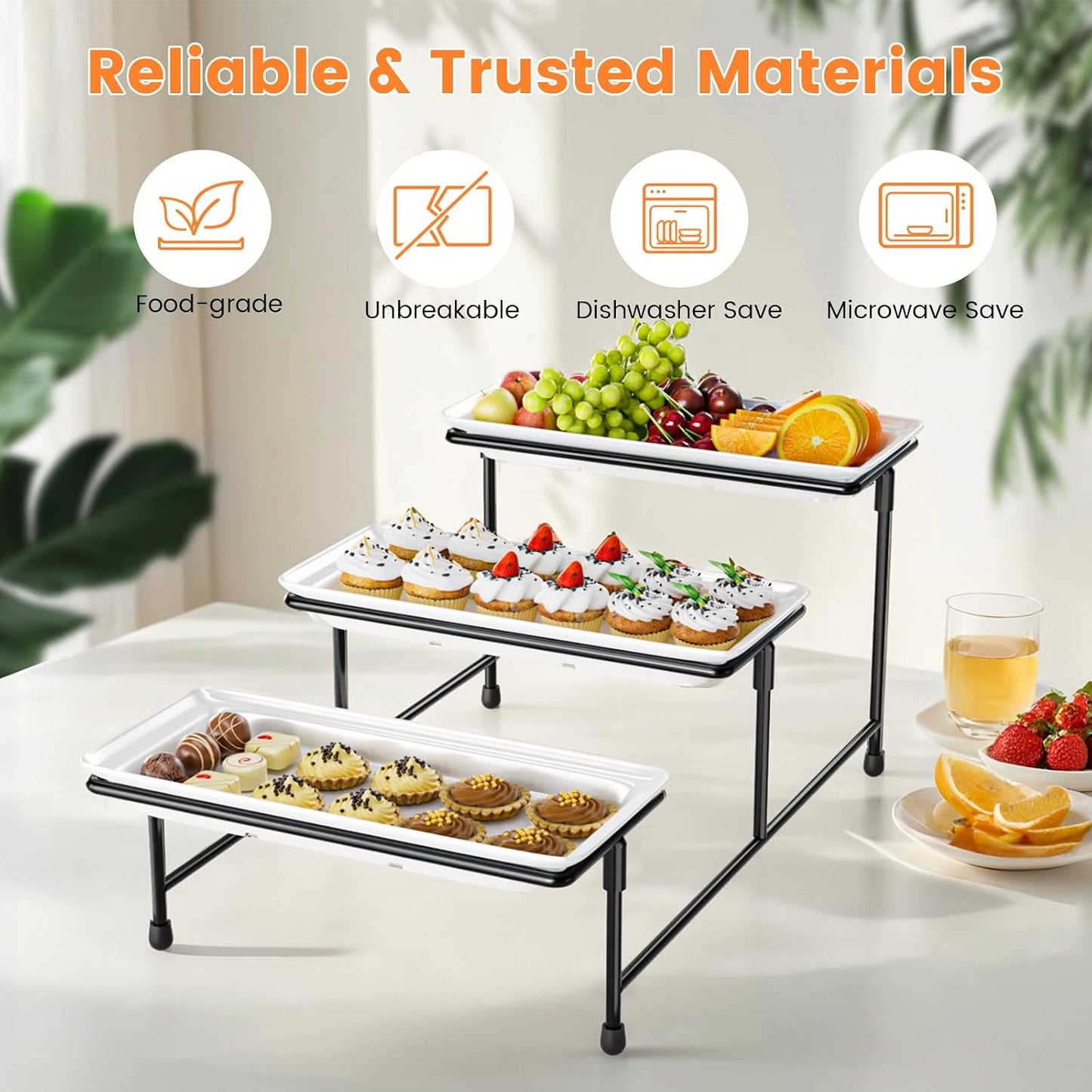 3 Tier Servings Tray for Party, 12"x6" Tiered Serving Platters with Steel Display Stand for Sevring Food,Cookies,Veggie, Dessert,Fruit, Black
