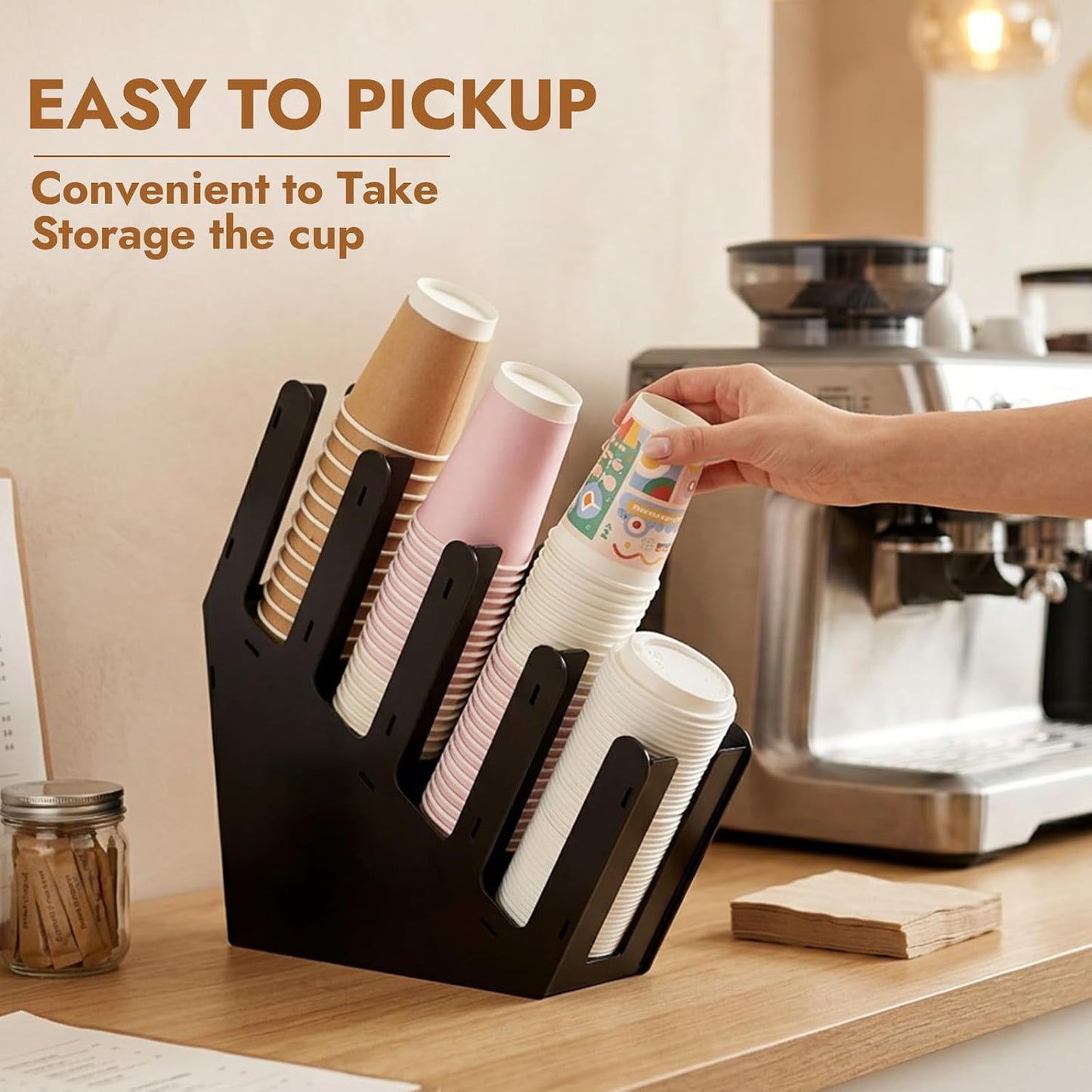 CURTA 4 Compartment Splicing Disposable Paper Cup Dispenser, Coffee and Lid Storage Organizer Holder for Countertop Bar,Restaurant,Breakroom,Party, Black