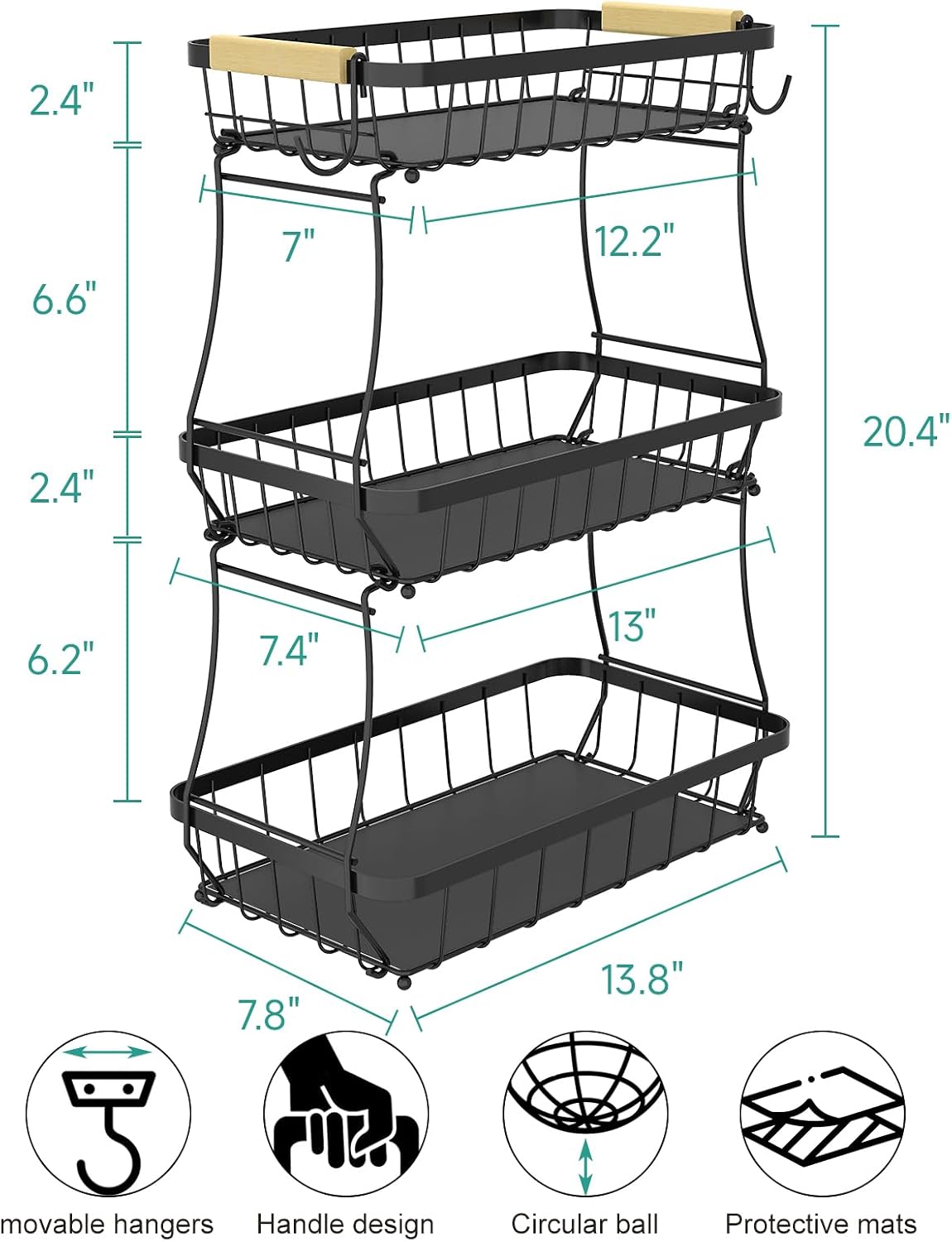 Sevenblue 2 Tier Large Fruit Basket for Kitchen Counter with 2 Mobile Banana Hangers, 2026 Pro Detachable Metal Fruit Bowl with Wooden Handle, Fruit Holder for Bread Snack Veggies with Protective Mats
