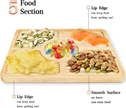 Divided Wood Serving Tray, Rectangular Tray Chip and Dip Platter, Serving Tray with 5 Sections for Appetizers & Snacks, Veggie Platter, Food Trays for Party 12'' x 8.7'' x 0.6''