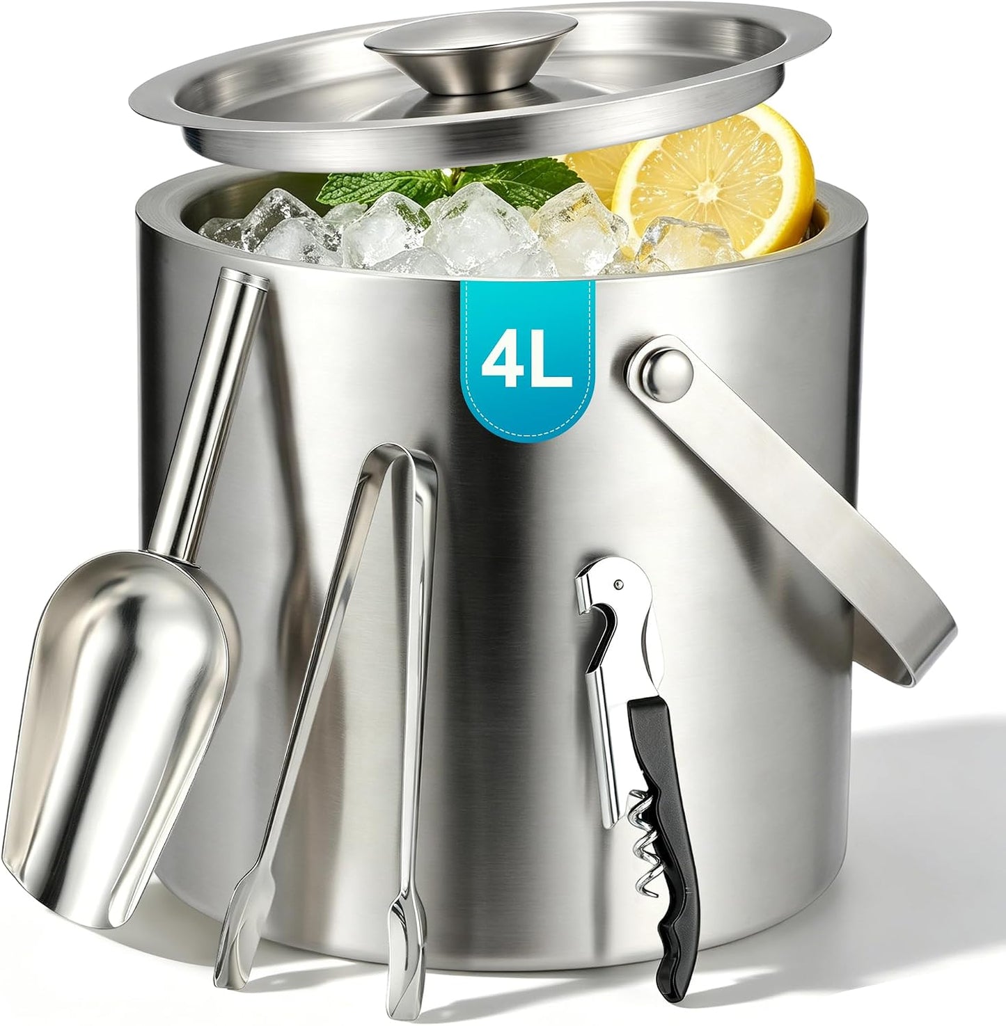 Kochorie 4L Portable Ice Buckets for Parties Double Wall Stainless Steel Ice Bucket with Lid, Scoop, Tongs, Bottle Opener Drink Vacuum Insulated Container for Freezer Cocktail Home Bar Accessories