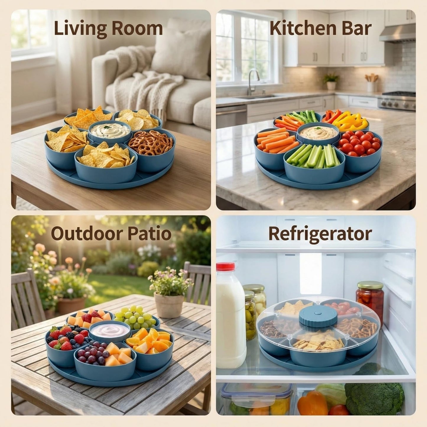 Divided Serving Tray that Spins – Perfect for Snacks, Dips & Party Appetizers with Lid, 5-Compartment Lazy Susan Organizer, Portable Veggie Platter for Party|Travel|Picnic (Blue)