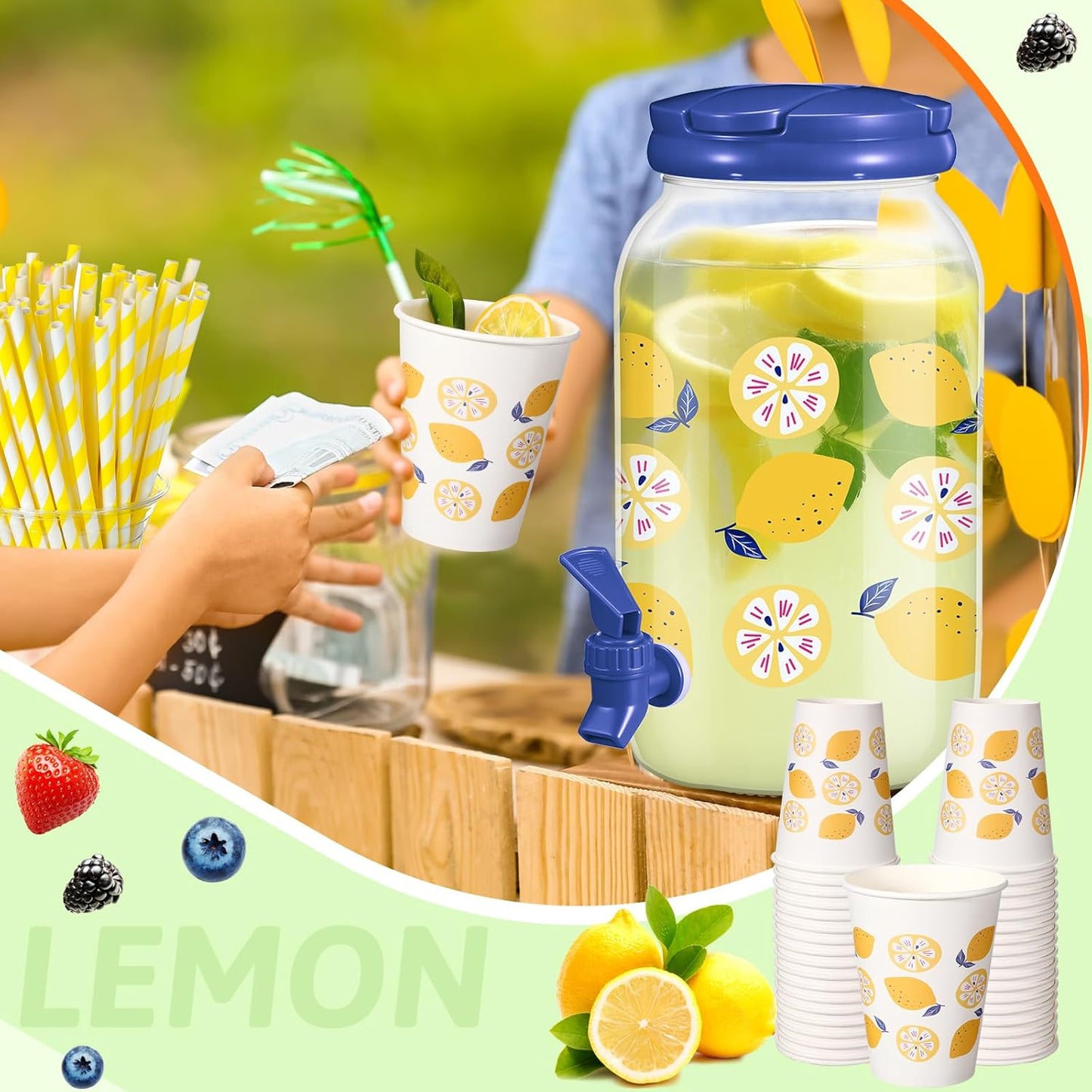 Umigy Tree Clear Plastic Drink Dispenser with 20 Pcs 12 oz Tropical Paper Cups 1 Gallon Kitchen Fridge Beverage Dispenser Plastic Water Dispenser with Spigot for Juice Tea Beer(Orange)