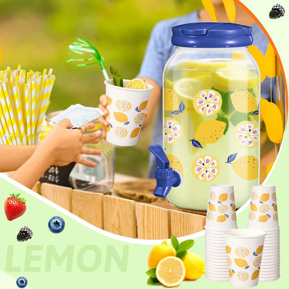 Umigy Tree Clear Plastic Drink Dispenser with 20 Pcs 12 oz Tropical Paper Cups 1 Gallon Kitchen Fridge Beverage Dispenser Plastic Water Dispenser with Spigot for Juice Tea Beer(Orange)