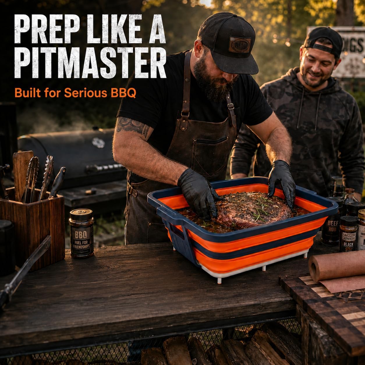 Collapsible BBQ Prep Tub with Convertible Cutting Board Design & Serving Lid – XL Brine Container & Meat Prep System for Brisket, Smoking, Grilling, Camping & Tailgating