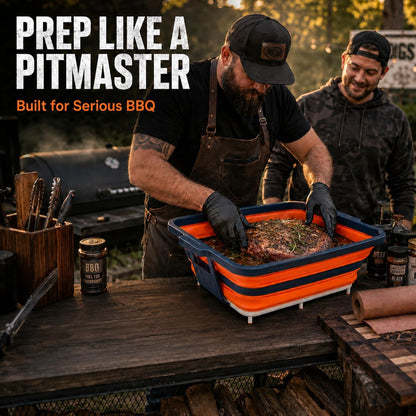 Collapsible BBQ Prep Tub with Convertible Cutting Board Design & Serving Lid – XL Brine Container & Meat Prep System for Brisket, Smoking, Grilling, Camping & Tailgating