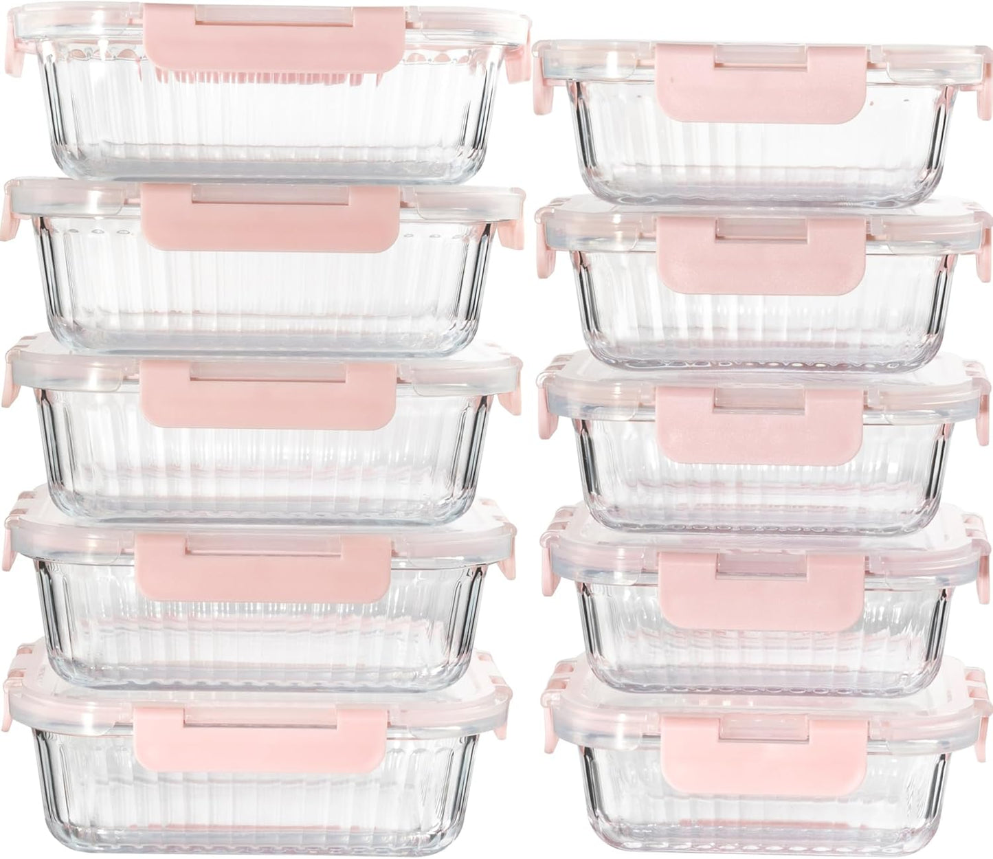 10 Pack Glass Food Storage Containers with Lids (34oz & 12oz) - Airtight, Leakproof, Meal Prep Containers for Kitchen - Dishwasher, Microwave, Oven, Freezer Safe High Borosilicate Glass (Pink)