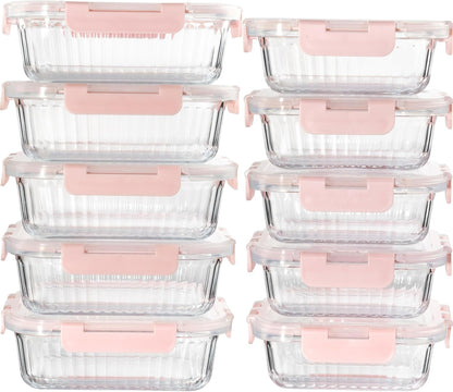 10 Pack Glass Food Storage Containers with Lids (34oz & 12oz) - Airtight, Leakproof, Meal Prep Containers for Kitchen - Dishwasher, Microwave, Oven, Freezer Safe High Borosilicate Glass (Pink)