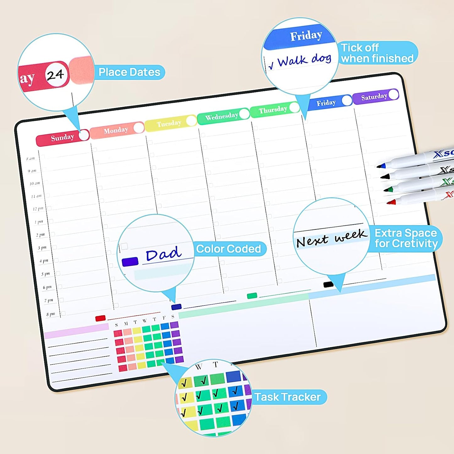 POPRUN Dry Erase Weekly Calendar Whiteboard, Magnetic Hourly Schedule Board | 16.9 x 11" Weekly Planner for Fridge, Time Slots, Family Daily Planning for Refrigerator, Homeschool, Work