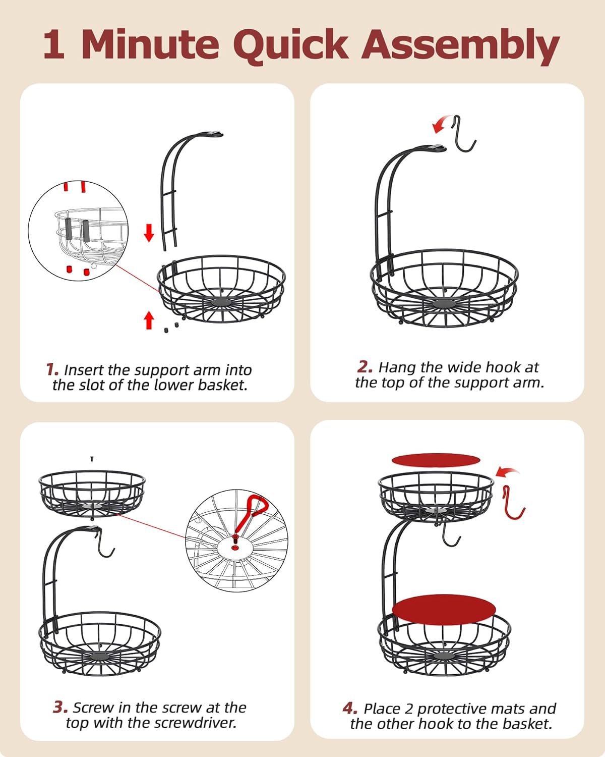 Sevenblue 2 Tier Large Fruit Basket for Kitchen Counter with Removable Banana Hanger - Sturdy Iron Fruit Bowl for Kitchen Counter and Vegetable Holder, Fruit Holder for Home Decor, Black