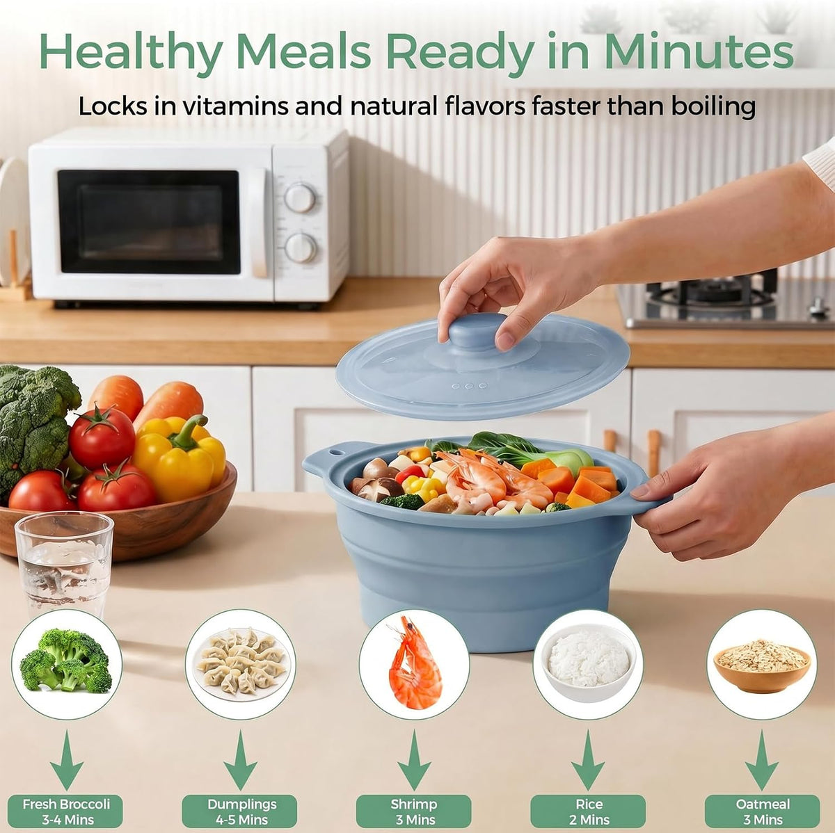 FUNKYLEE 42oz Collapsible Silicone Microwave Steamer for Vegetables, Green