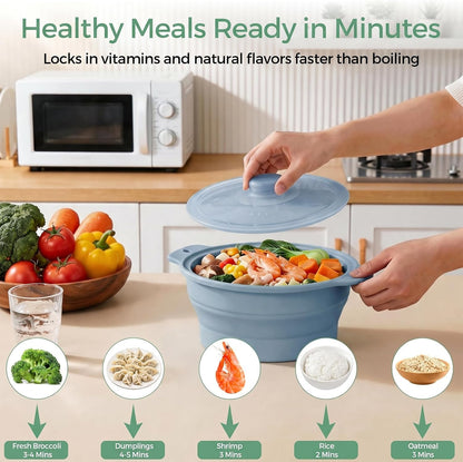 FUNKYLEE 42oz Collapsible Silicone Microwave Steamer for Vegetables, Green