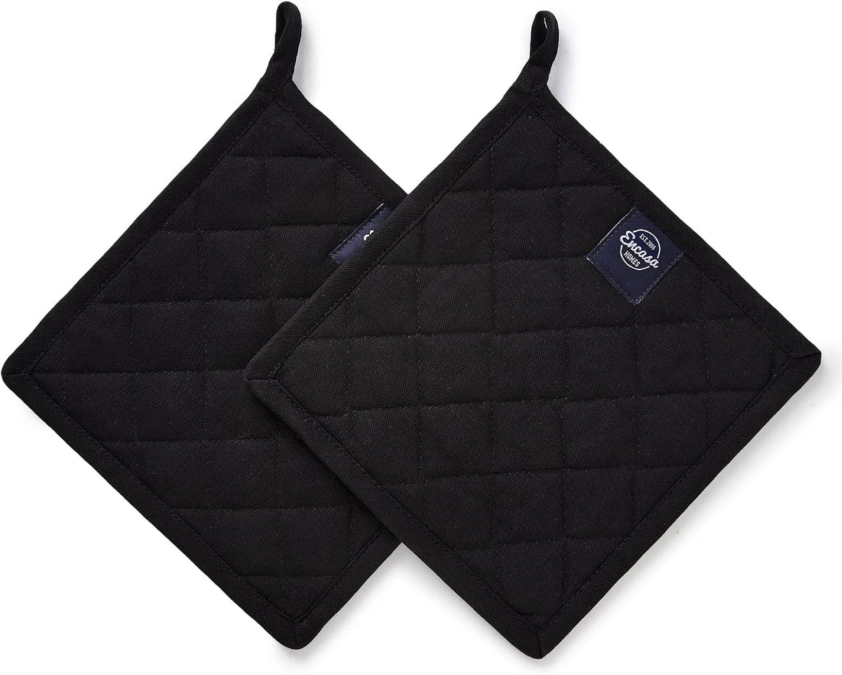 Encasa XO Pot Holders, Quilted Kitchen Hot Pads 8"x8" Black