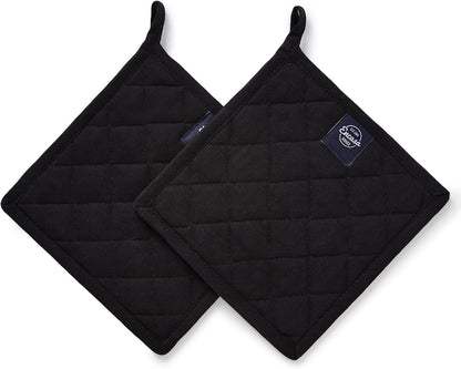 Encasa XO Pot Holders, Quilted Kitchen Hot Pads 8"x8" Black
