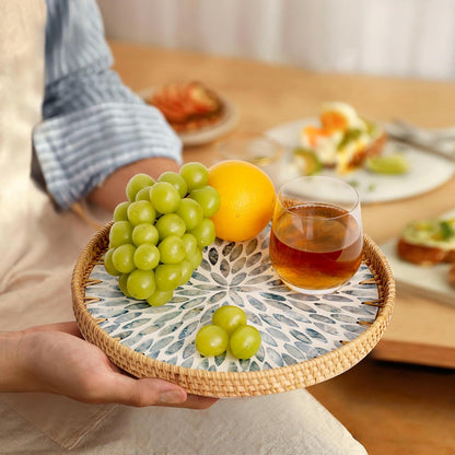 Round Rattan Tray with Mother of Pearl Inlay, Rattan Serving Tray for Coffee, Bread, Fruits, Decorative Wicker Tray for Table Decor, Home Decor, Kitchen Island Decor(Black Checkerboard, 11.8")