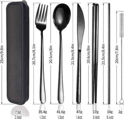 AARAINBOW 6 Pieces 18/8 Stainless Steel Flatware Set Portable Reusable Cutlery Set Travel Utensils Set Including Chopsticks Knife Fork Spoon Straws Cleaning Brush Dishwasher Safe (Green golden)
