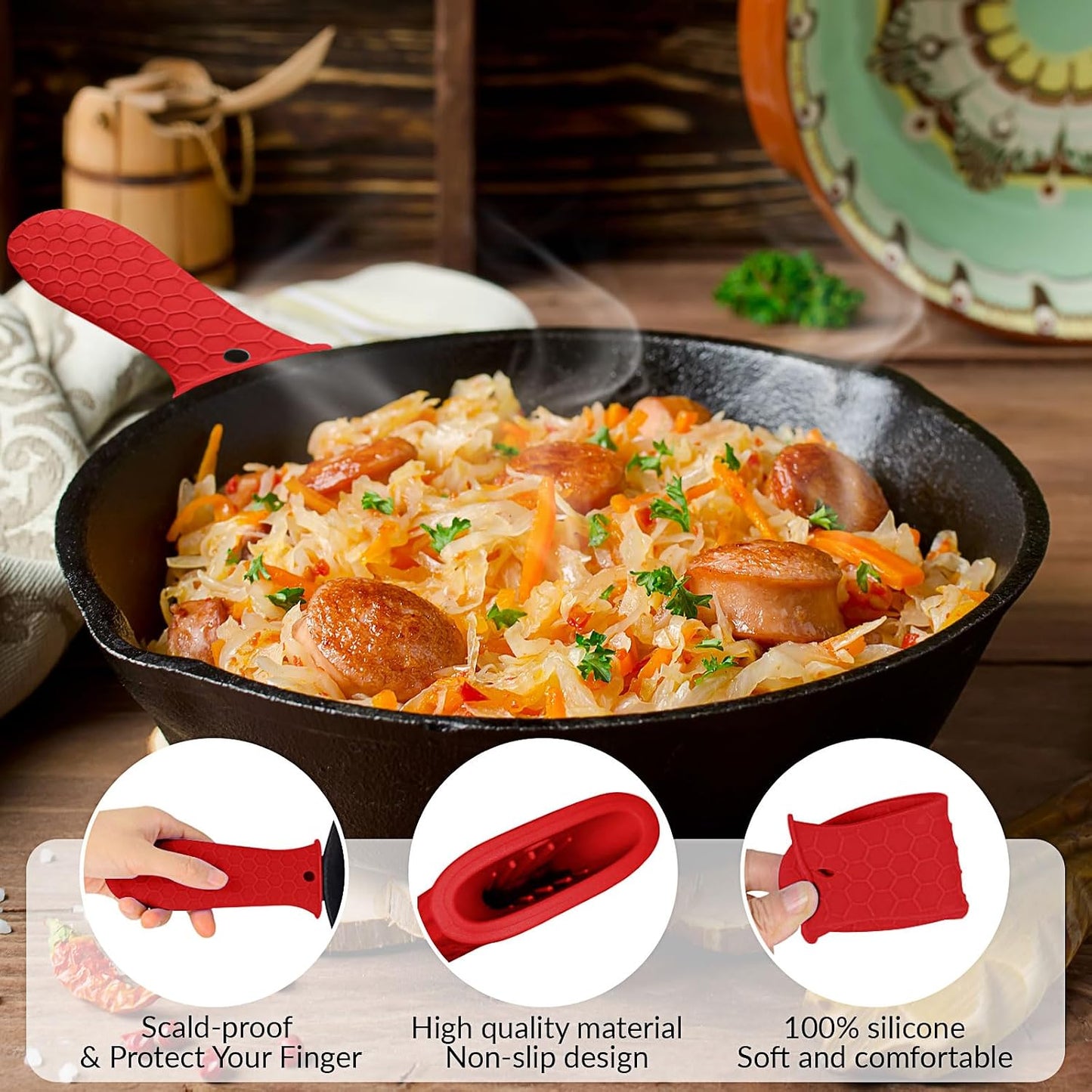 3 Piece Silicone Cast Iron Handle Cover with Pot Handle Covers Set，Cast Iron Handles Sleeve (Black-Small)