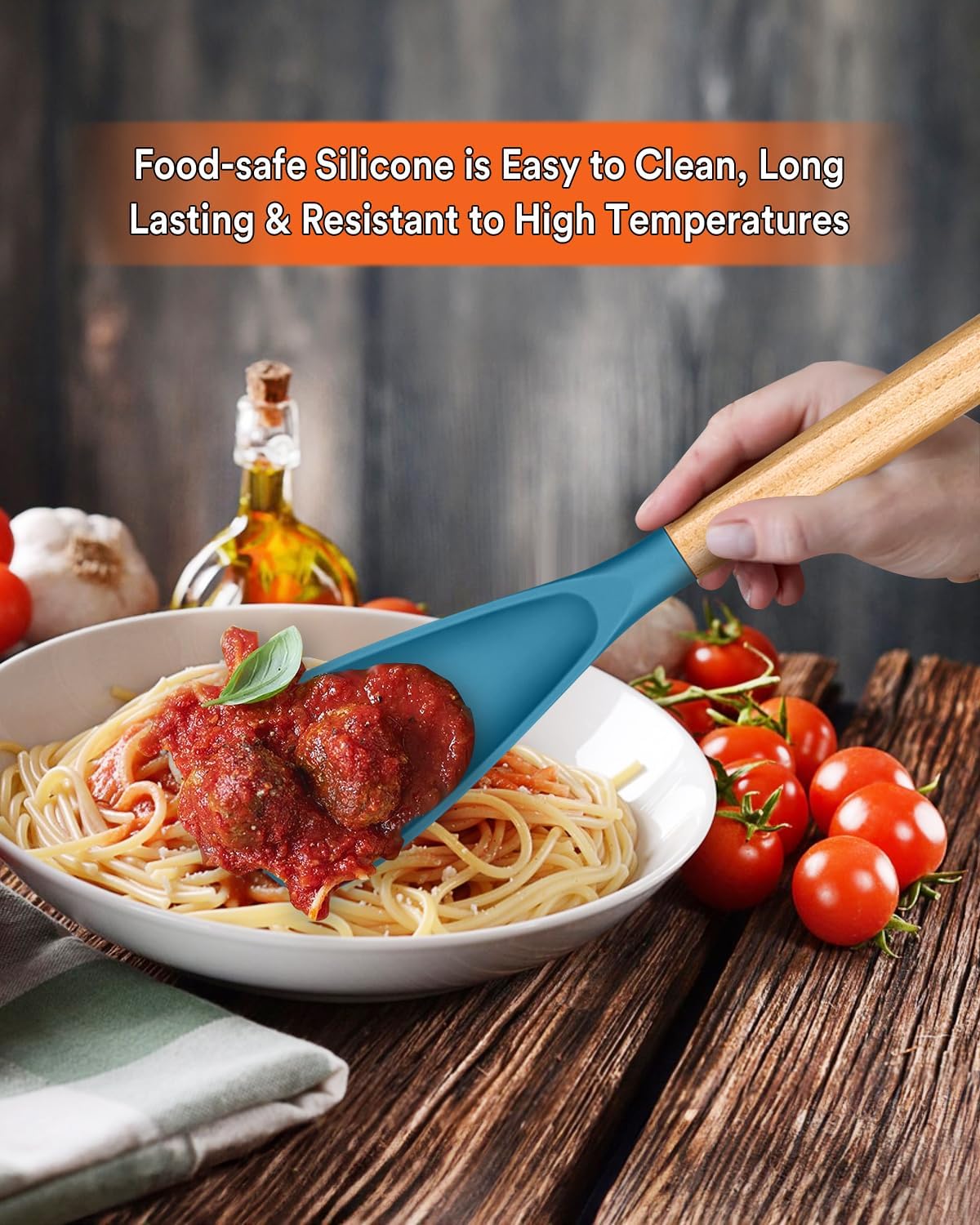 Cooking Spoon for Nonstick Cookwares, Great for Cooking and Serving Sturdy BPA-Free Matte Silicone, Wood Handle Spoon for Mixing, Scoop, and Scrape (Black & Grey, 11.4 inch)