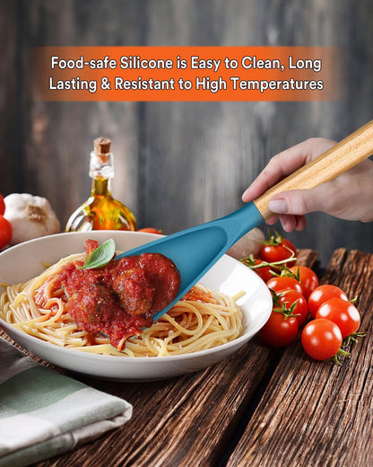 Cooking Spoon for Nonstick Cookwares, Great for Cooking and Serving Sturdy BPA-Free Matte Silicone, Wood Handle Spoon for Mixing, Scoop, and Scrape (Black & Grey, 11.4 inch)