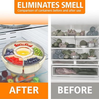 Divided Rotating Snackle Box Container, Veggie Tray with Lid for Fridge - Lazy Susan Snack Spinner with Handle, Rotating Fruit & Snack tray, Large Serving tray for Parties - Off-White/Clear(Large 12")