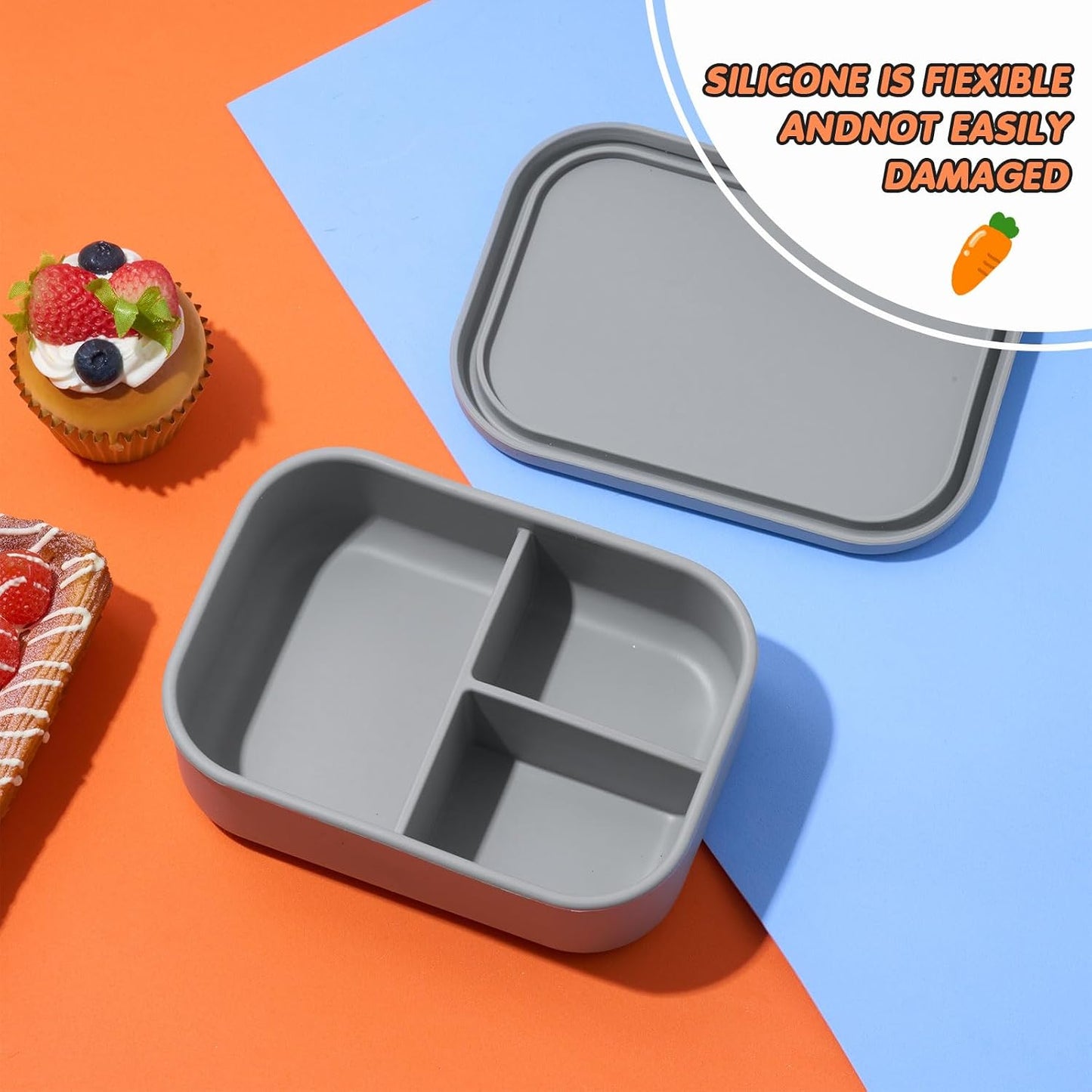 Layhit 4 Pcs Silicone Bento Box for Adults, 27 oz Bento Lunch Container Reusable 3 Compartment Lunchable Food Container for Women Men, Leak Proof Microwave Dishwasher Freezer Safe (Cool Colors)