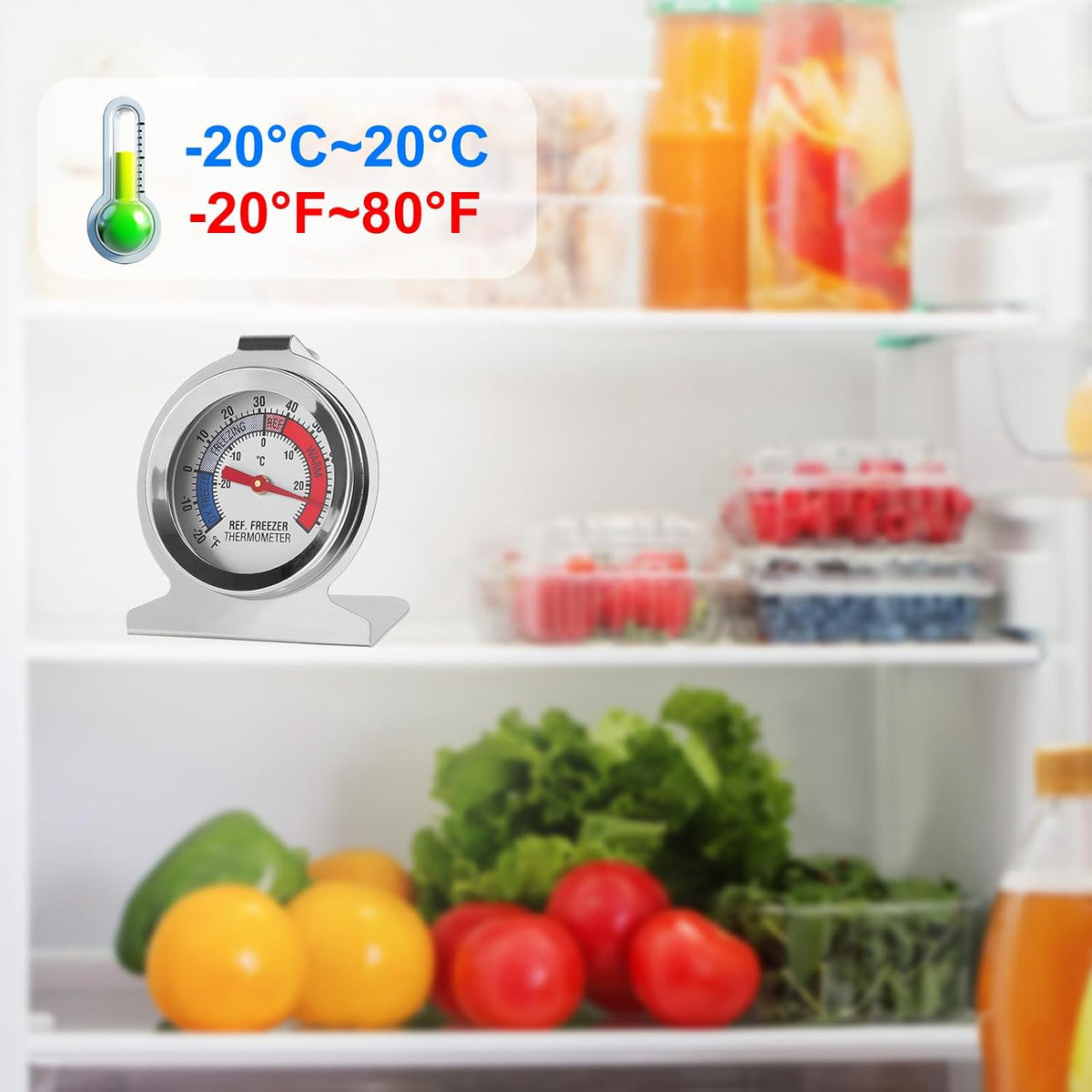 Refrigerator Thermometer -30~30°C/ 20~80°F Fridge Analog Freezer Thermometer Stainless Steel Large Dial Temperature Gauge for Home, Kitchen, Restaurants Refrigerator
