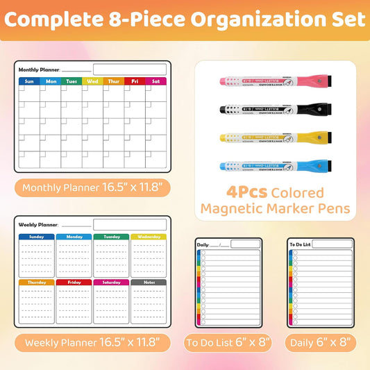 4+4Pcs Non-Magnetic Dry Erase Calendar Set with 4 Colored Marker Pens, Pletpet White Board Calendar Dry Erase for Non Magnetic Fridge, Smooth Wall and Glass