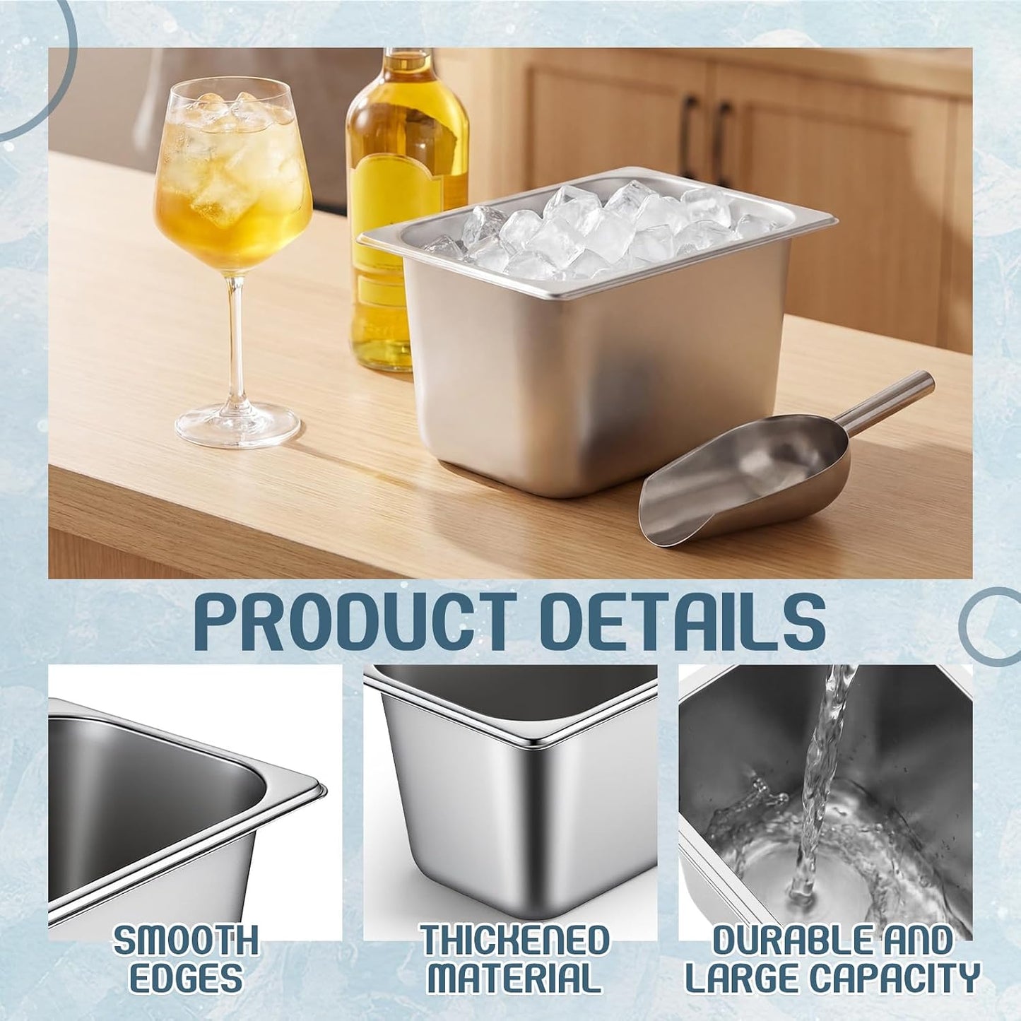 meekoo 3 Pcs 14L Portable Ice Bin and Metal Scoop Set, Insulated Party Ice Bucket Stainless Steel Beverage Tub Storage Container Food Scoops for Freezer Cocktail Bar Party Barbeque Camping
