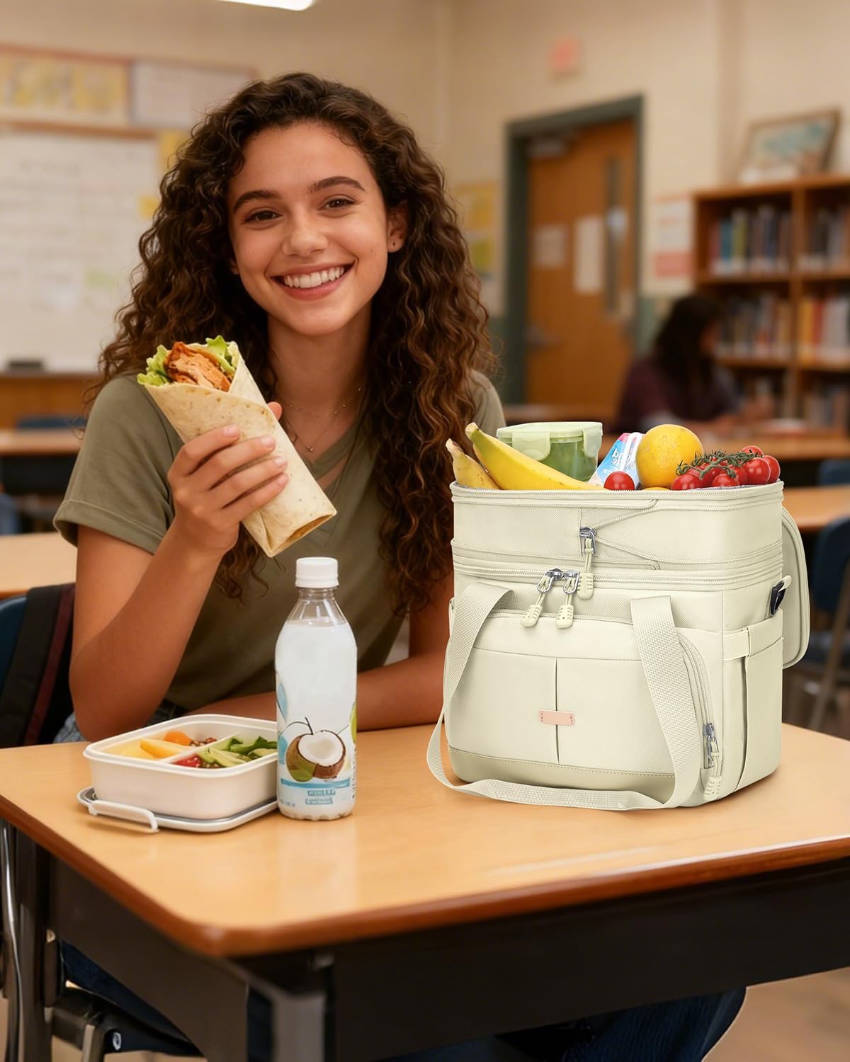 Pritent Lunch Box For Men Women Double Deck Insulated Lunch Bag For Men Woman Leakproof Expandable Cooler Bag with Adjustable Shoulder Strap for Kids Shool Work Picnic Camping(Beige,Large)