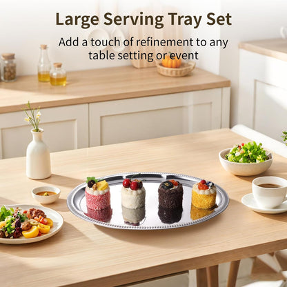 6 Pcs Silver Serving Tray, Large Serving Tray Set for Parties, Events, Stainless Steel Oval Floral Engraved Tray with Polished Surface, Food-Safe, 15.7x11.8 in