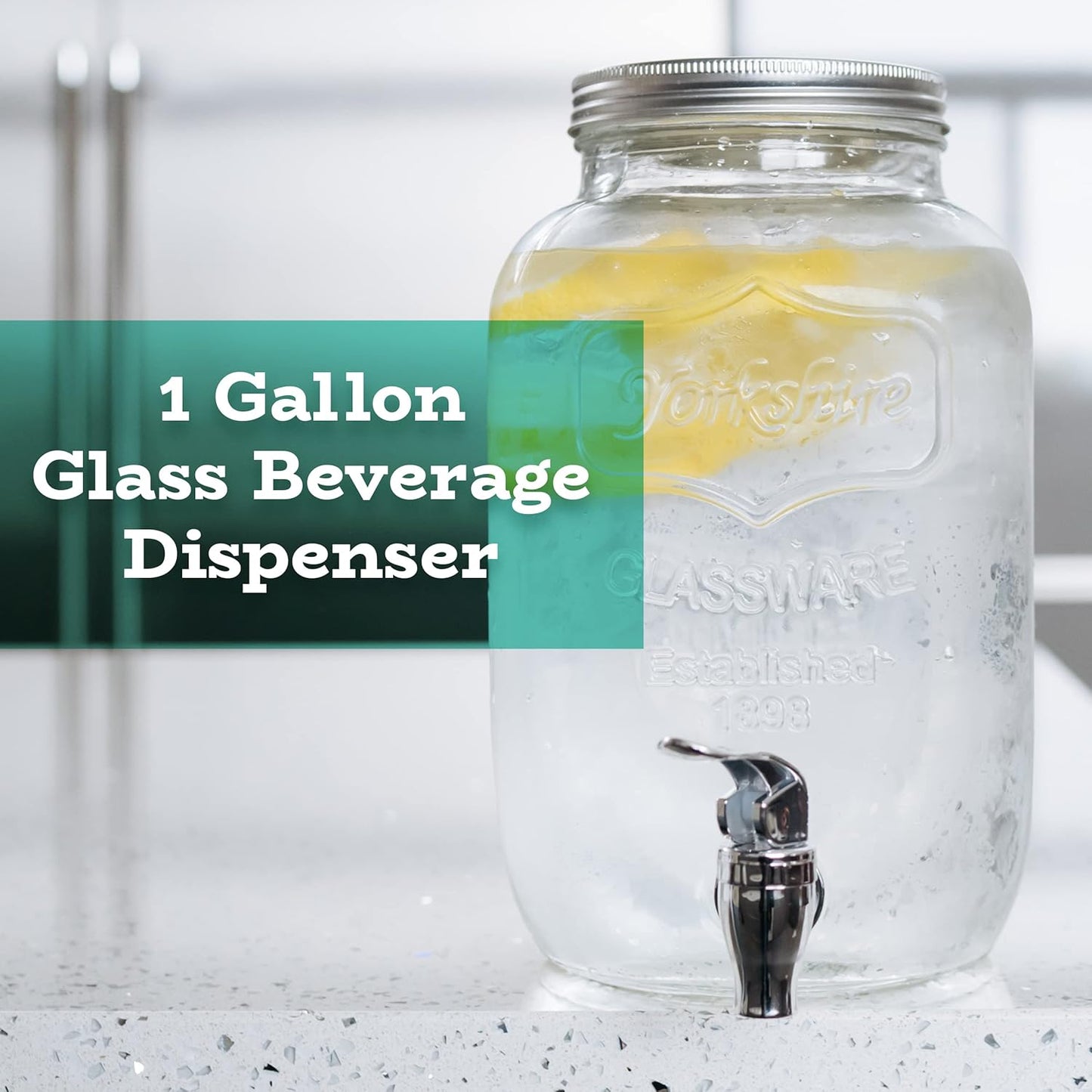 Estilo Gallon Drink Dispenser with Stand - Glass Beverage Dispenser with Stand for Weddings - Sun Tea Jar with Spigot 1 Gallon - Countertop Glass Water Dispenser for Lemonade and Parties