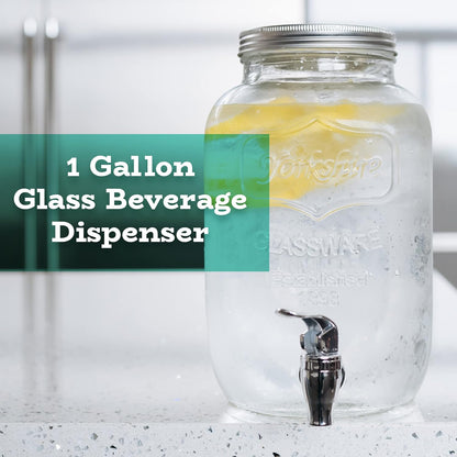 Estilo Gallon Drink Dispenser with Stand - Glass Beverage Dispenser with Stand for Weddings - Sun Tea Jar with Spigot 1 Gallon - Countertop Glass Water Dispenser for Lemonade and Parties
