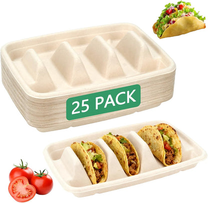 25 Pcs Disposable Taco Holders For Party, Premium Paper Taco Plates With 3 Dividers, Taco Gifts For Christmas, Oven & Dishwasher & Grill Safe, Taco Bar Serving Set For A Party