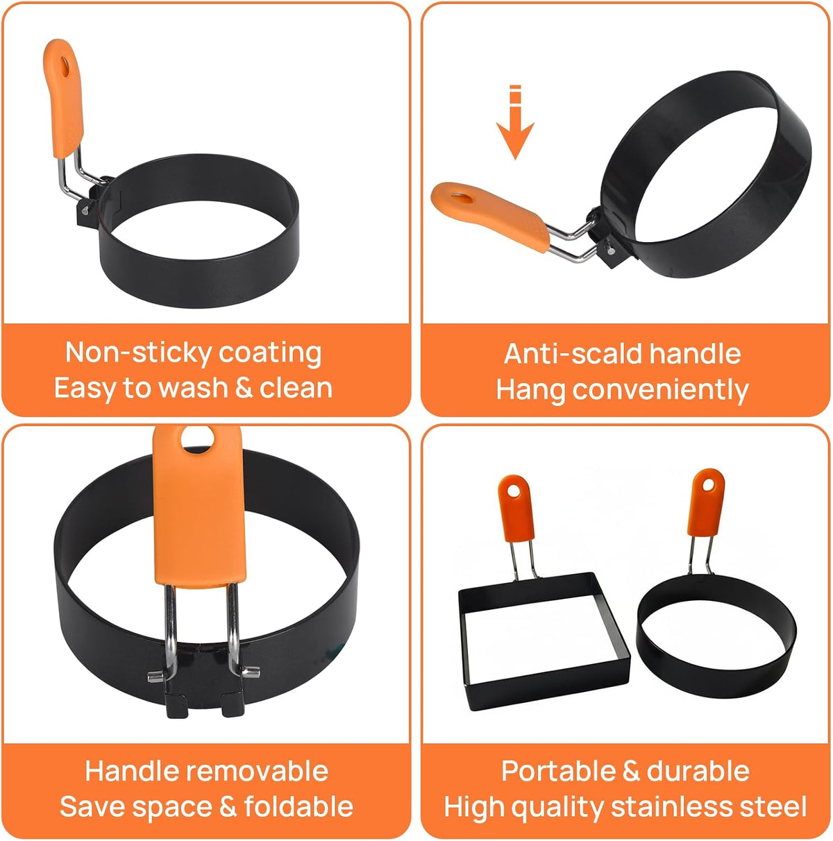 Hhyn Round & Square Egg Rings Set with Orange Silicone Handle