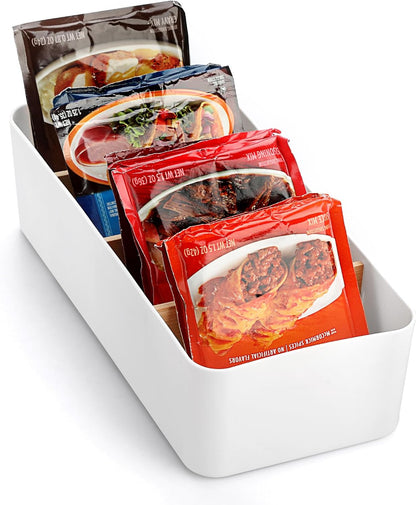 BSTKEY Seasoning Packet Organizer, Food Storage Organizer with Divided 4 Bamboo Wood Compartments, Black Plastic Storage Caddy for Pantry Cabinet, Kitchen Organization Bin for Snacks Spice Packets