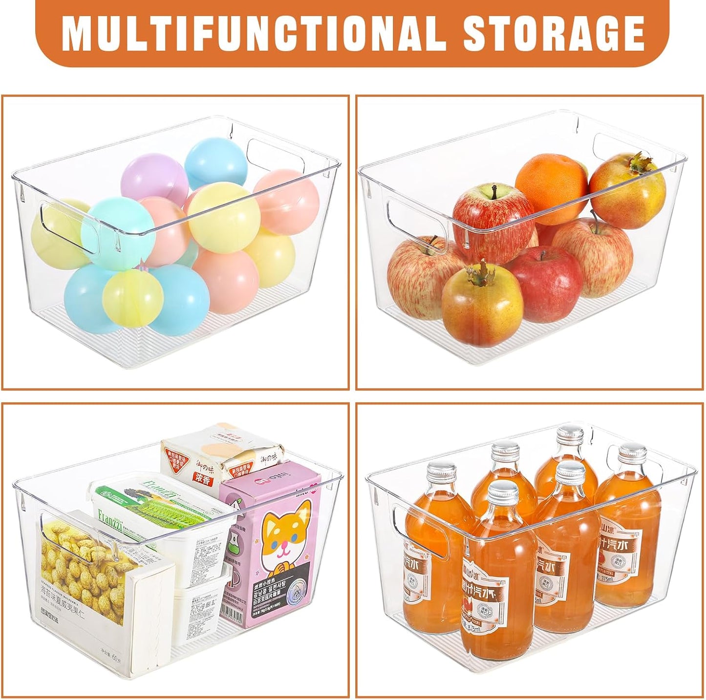 Freebat 12 Pack Middle Organizers and Storage, Pantry Organization and Storage Bins, Cabinet Organizer, Clear Plastic Storage Containers with Handle，Acrylic Storage Bins for Cabinet, Fridge
