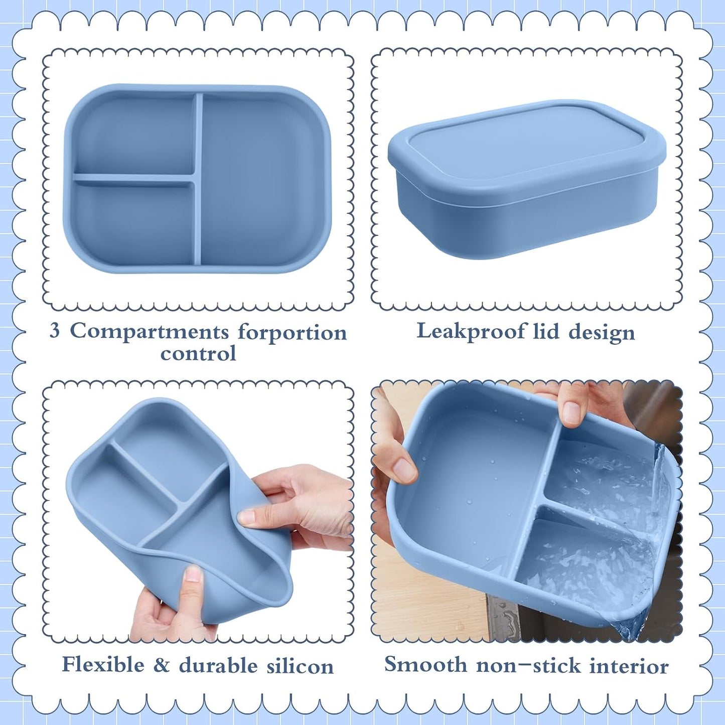 Honeydak 6 Pcs Silicone Bento Box Reusable Silicone Bento Lunch Container for Adults Microwave Dishwasher Freezer Safe 3 Compartment (Light Colors)