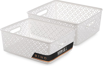 BINO l Plastic Storage Baskets, Large - Grey l THE BLOSSOM COLLECTION l Multi-Use Organizer Bin l Built-in Handles l Plastic Woven Basket for Organizing l Pantry & Home Organizing Basket