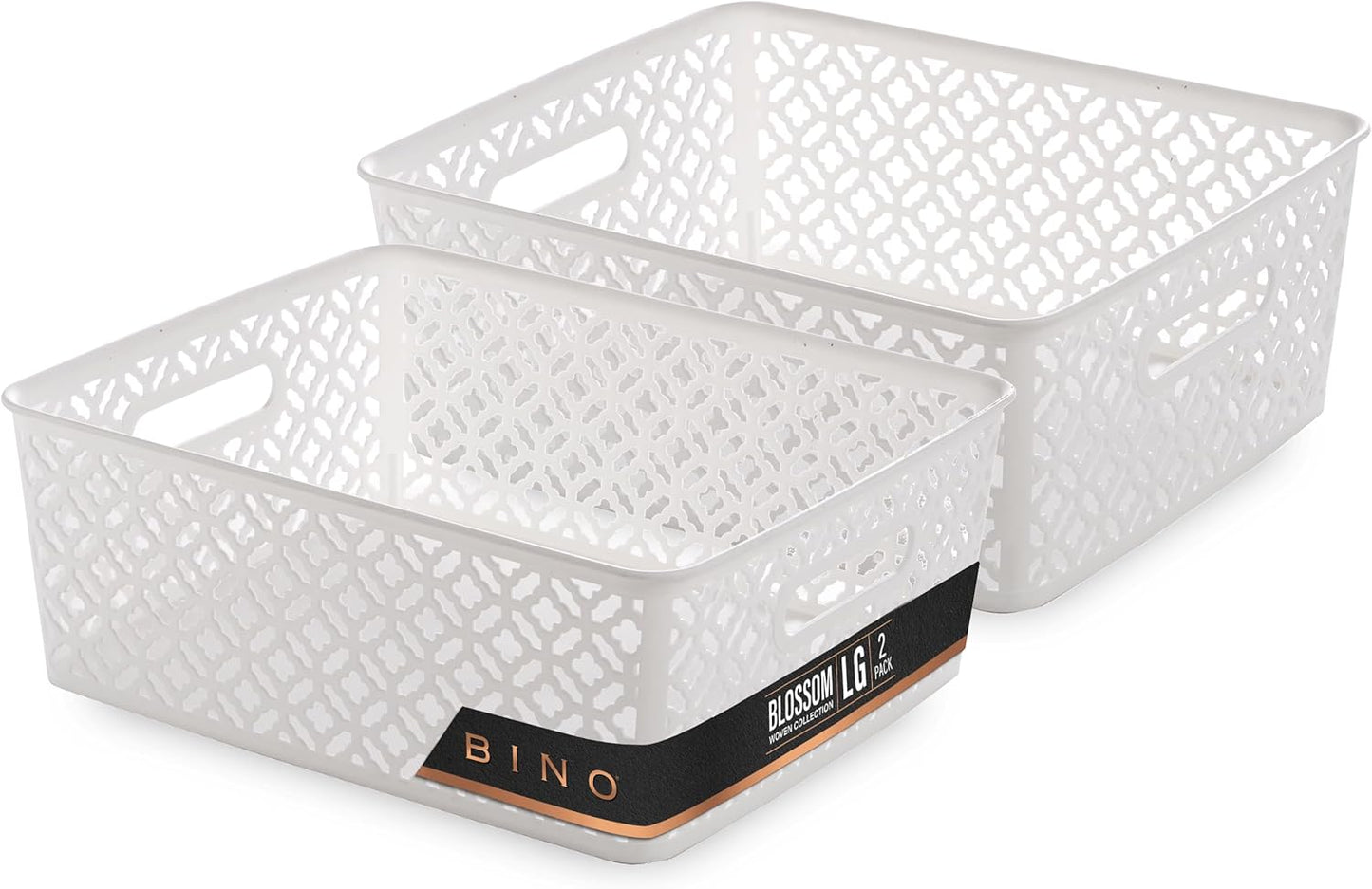 BINO l Plastic Storage Baskets, Large - Grey l THE BLOSSOM COLLECTION l Multi-Use Organizer Bin l Built-in Handles l Plastic Woven Basket for Organizing l Pantry & Home Organizing Basket