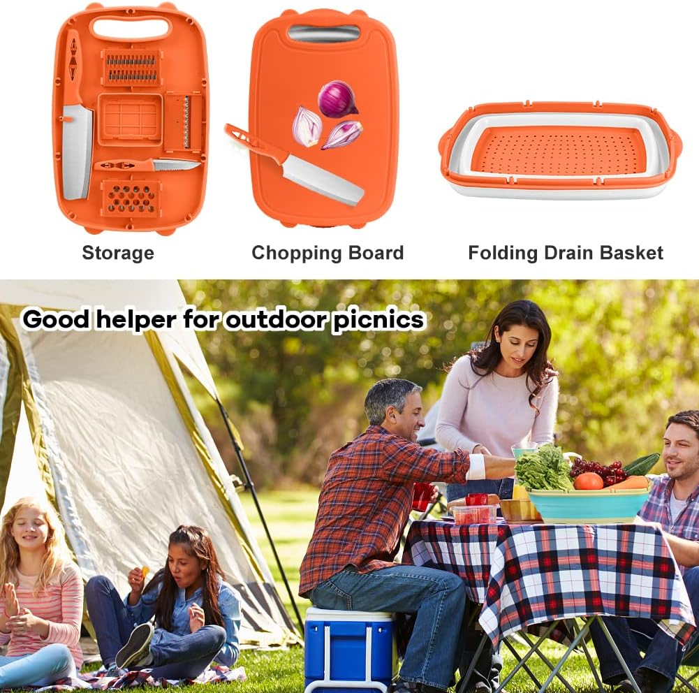 9-in-1Collapsible Cutting Board with Colander Wash Basket Camping RV Gift