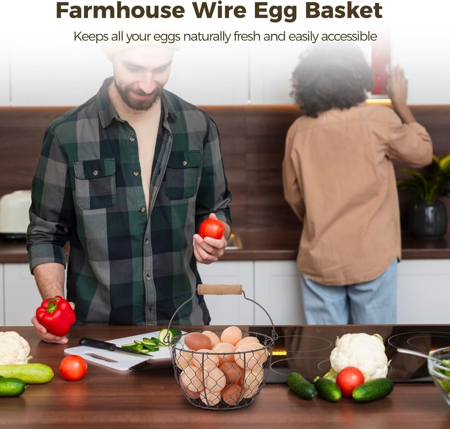 2 Pcs Wire Egg Baskets, Farmhouse Chicken Egg Collecting Baskets, Rustic Metal Egg Storages with Wooden Handle, Stackable Fresh Holders for Fruits, Vegetables, Sundries