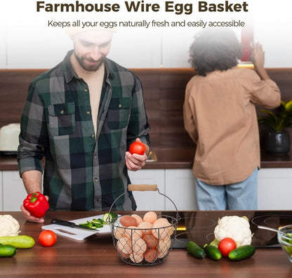 2 Pcs Wire Egg Baskets, Farmhouse Chicken Egg Collecting Baskets, Rustic Metal Egg Storages with Wooden Handle, Stackable Fresh Holders for Fruits, Vegetables, Sundries