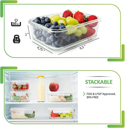 PrepNaturals 5 Pack 30 Oz Glass Meal Prep Containers - Dishwasher Microwave Freezer Oven Safe - Glass Storage Containers with Lids (Multi-Compartment)