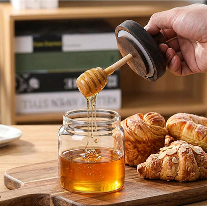 12 Oz Honey Jar with 2 Wooden Dippers and Lid,Honey Pot Dispenser,Clear Glass Honey Container for Home Kitchen,Store Honey and Syrup,Easy to Clean