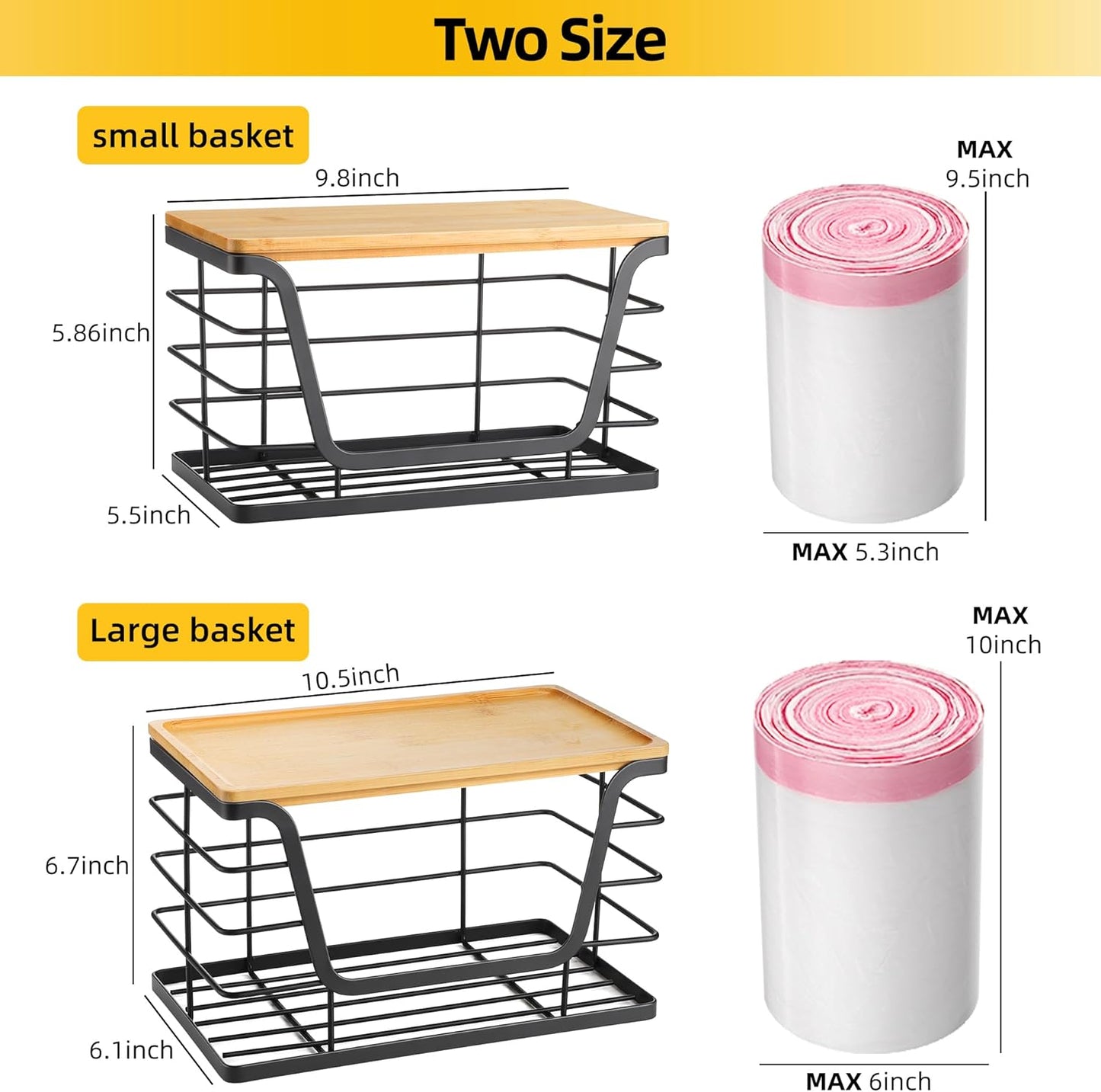 ALOCEO 2 Pack Stackable Wire Storage Basket with Bamboo Lid, Trash Bag Dispenser Under Sink for 4-13 Gal Bags, Kitchen Storage Bins for Potato and Onion, Brown