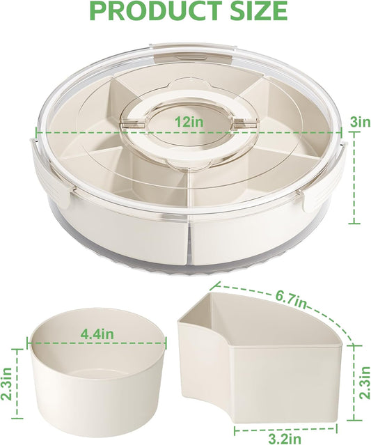 Divided Rotating Serving Tray with Lid and Handle, Portable Snackle Box for Fruits Snacks Veggie Charcuterie, Clear Lazy Susan Organizer and Fridge Storage Container for Adults Child (1PCS,12" L